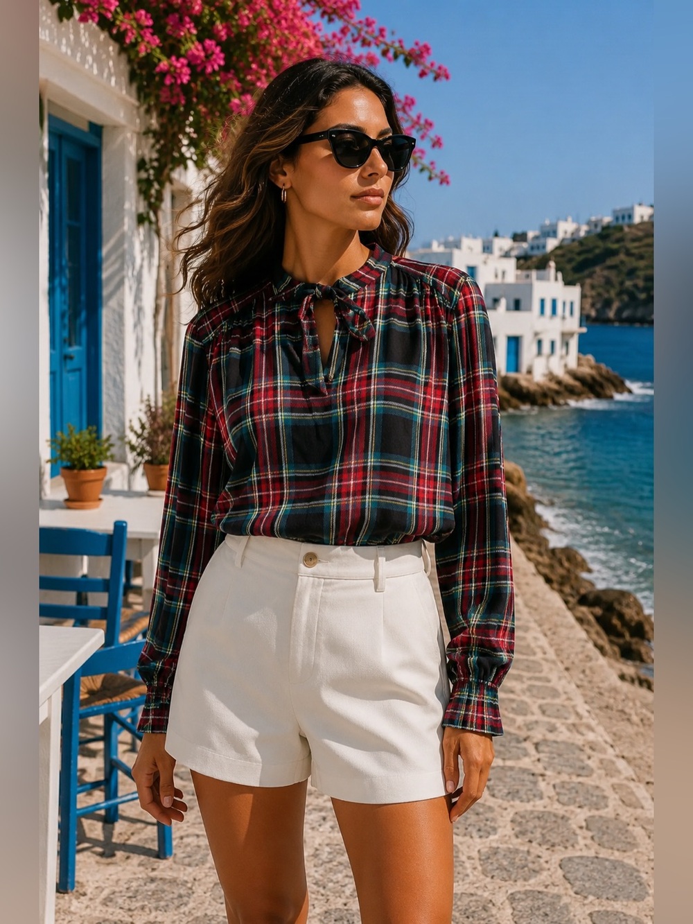 Talbots Red and Green Plaid Tie-Neck Blouse